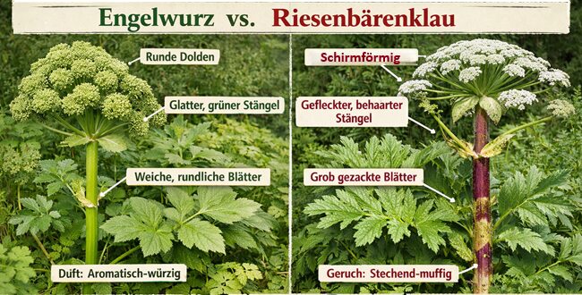 Den Unterschied zwischen Engelwurz und Riesenbärenklau zu kennen ist wichtig, da Erstere eine Heil- und Gewürzpflanze ist, während vom Riesenbärenklau eine ernste Gesundheitsgefahr ausgeht. Obwohl beide zur Familie der Doldenblütler (Apiacea) gehören, lassen sie sich bei genauerem Hinsehen zuverlässig unterscheiden.