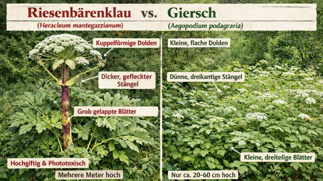 Eine Verwechslung von Giersch (Aegopodium podagraria) und Bärenklau kommt gelegentlich vor, besonders im frühen Entwicklungsstadium oder wenn Pflanzen nur anhand einzelner Blätter beurteilt werden. Botanisch gehören beide zur Familie der Doldenblütler, weshalb sich Blattformen und Blütenstände oberflächlich ähneln können. Trotzdem lassen sich beide Pflanzen mit einigen klaren Merkmalen zuverlässig unterscheiden.